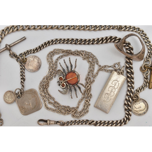 54 - A SMALL ASSORTMENT OF SILVER AND WHITE METAL JEWELLERY, to include a silver ingot pendant, hallmarke... 