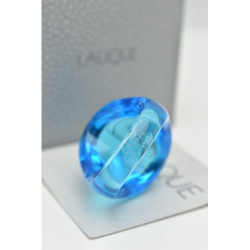 60 - A BOXED 'LALIQUE' BLUE GLASS RING, domed blue glass ring, signed 'Lalique France', ring size centre ... 