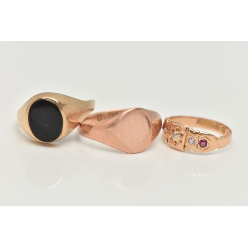 68 - THREE RINGS, to include a 9ct rose gold oval polished signet ring, hallmarked 9ct Chester 1927, stam... 