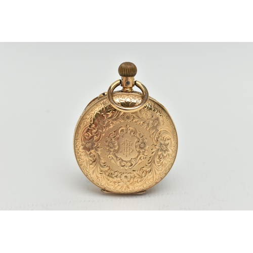 70 - A LADIES YELLOW METAL OPEN FACE POCKET WATCH, manual wind, round gold floral dial, Roman numerals, b... 