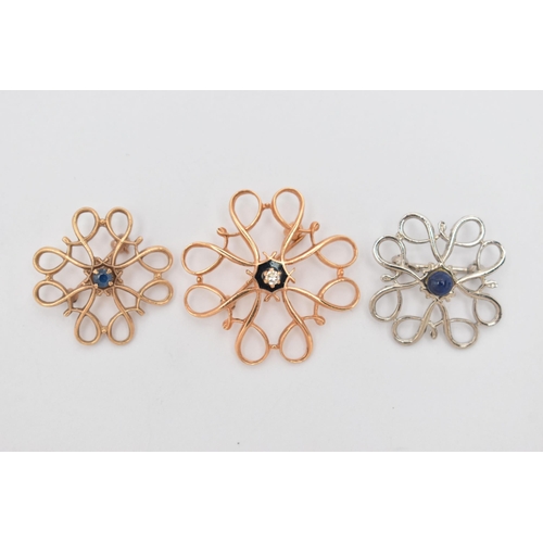 73 - A COLLECTION OF THREE GEM SET BROOCHES, each brooch of openwork design, to include a 9ct rose gold b... 