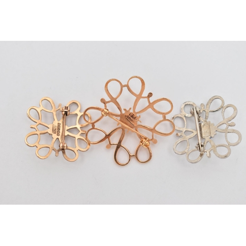 73 - A COLLECTION OF THREE GEM SET BROOCHES, each brooch of openwork design, to include a 9ct rose gold b... 