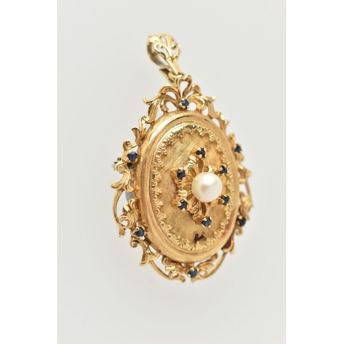 76 - A MODERN YELLOW METAL PENDANT, set with a cultured pearl and sapphire accents, within an open work s... 