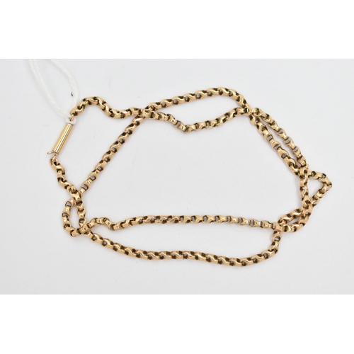 77 - A LATE 19TH CENTURY YELLOW METAL CHAIN, designed as a plain polished chain, with barrel clasp, appro... 