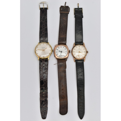 8 - THREE WRISTWATCHES, the first a 9ct gold wristwatch, hand wound movement, Arabic numerals, subsidiar... 