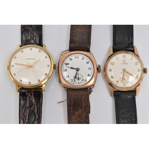 8 - THREE WRISTWATCHES, the first a 9ct gold wristwatch, hand wound movement, Arabic numerals, subsidiar... 