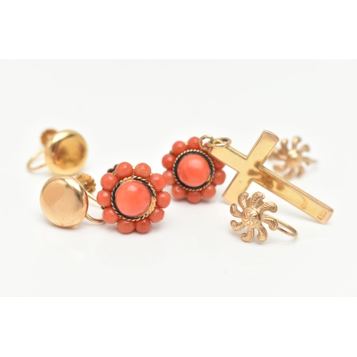 81 - THREE PAIRS OF EARRINGS AND ONE CROSS PENDANT, to include a pair of coral cluster earrings, a pair o... 