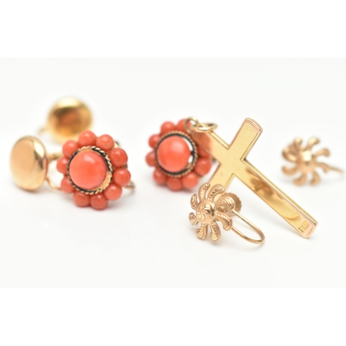 81 - THREE PAIRS OF EARRINGS AND ONE CROSS PENDANT, to include a pair of coral cluster earrings, a pair o... 
