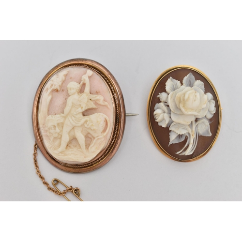 83 - A COLLECTION OF THREE CAMEO BROOCH, to include a floral cameo, in high relief, stamped 750, approxim... 