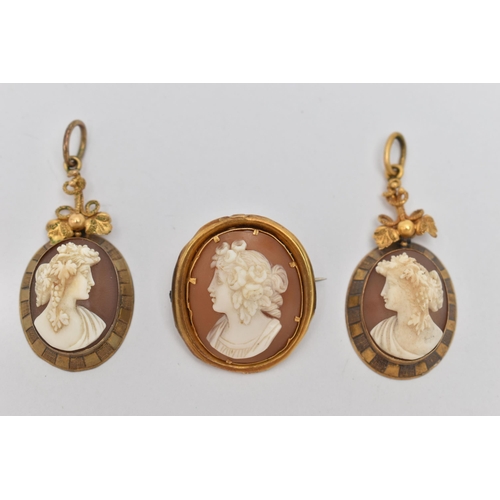 84 - A PAIR OF 19TH CENTURY CAMEO EARRINGS AND A BROOCH, the earrings set with carved shell cameos, depic... 