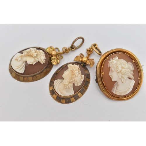 84 - A PAIR OF 19TH CENTURY CAMEO EARRINGS AND A BROOCH, the earrings set with carved shell cameos, depic... 