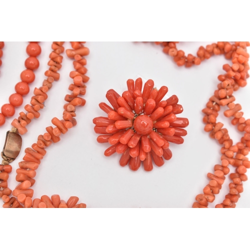 86 - A COLLECTION OF CORAL JEWELLERY, to include a graduated bead necklace with push piece clasp, the cor... 