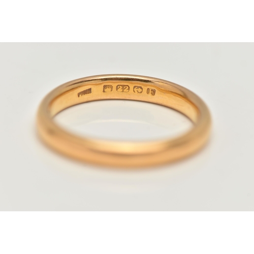 9 - A 22CT GOLD BAND RING, polished band, approximate band width 3.1mm, hallmarked 22ct Birmingham, ring... 