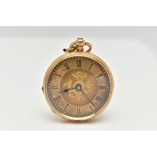 92 - A LADIES YELLOW METAL POCKET WATCH, key wound, open face pocket watch, round floral detailed gold di... 