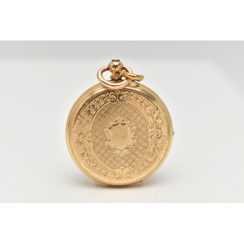 92 - A LADIES YELLOW METAL POCKET WATCH, key wound, open face pocket watch, round floral detailed gold di... 