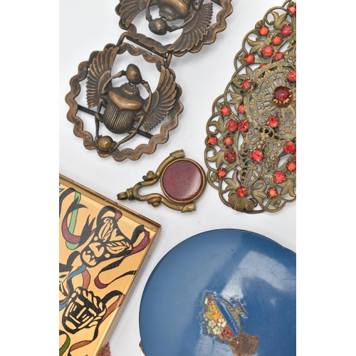 170 - A BOX OF EARLY AND MID 20TH CENTURY ITEMS, to include an Egyptian revival scarab brooch, four paste ... 
