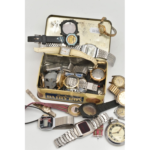 173 - A BOX OF ASSORTED WRISTWATCHES AND PARTS, to include an 'Ingersoll' pocket watch, a gents 'Junghan' ... 