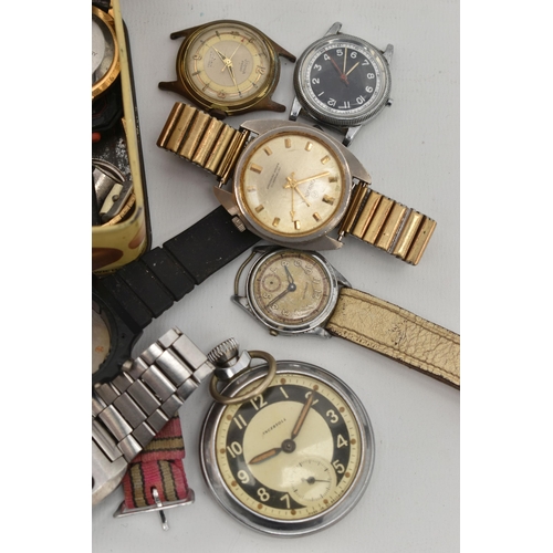 173 - A BOX OF ASSORTED WRISTWATCHES AND PARTS, to include an 'Ingersoll' pocket watch, a gents 'Junghan' ... 