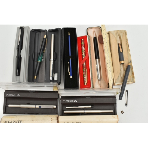 176 - ASSORTED PENS, to include five boxed 'Parker' fountain pens, a 'Parker Frontier' ball point pen, and... 