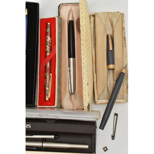 176 - ASSORTED PENS, to include five boxed 'Parker' fountain pens, a 'Parker Frontier' ball point pen, and... 