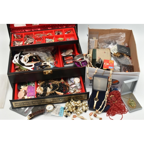 179 - A JEWELLERY BOX AND CONTENTS, to include a black multi storage jewellery box with contents of costum... 