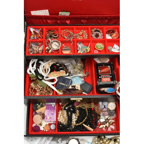 179 - A JEWELLERY BOX AND CONTENTS, to include a black multi storage jewellery box with contents of costum... 