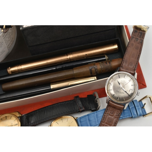 181 - A BOX OF ASSORTED ITEMS, to include an AF rolled gold Swan fountain pen, a Sheaffer fountain pen ano... 