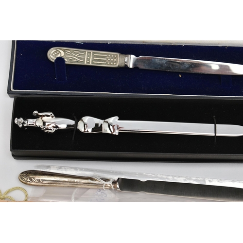 182 - LETTER OPENERS AND A PACK OF CARDS, to include a silver handled letter opener,  hallmarked 'C W Flet... 