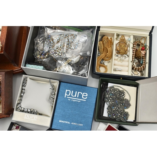 184 - A BOX OF ASSORTED COSTUME JEWELLERY, to include a white metal Celtic pattern brooch, stamped 925, a ... 