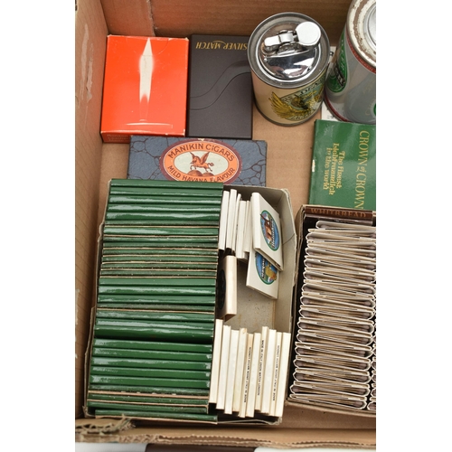 187 - A BOX OF SMOKING ITEMS, to include a boxed 'Ronson Varaflame' lighter, a boxed 'Silver Match' lighte... 