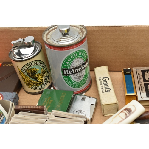 187 - A BOX OF SMOKING ITEMS, to include a boxed 'Ronson Varaflame' lighter, a boxed 'Silver Match' lighte... 