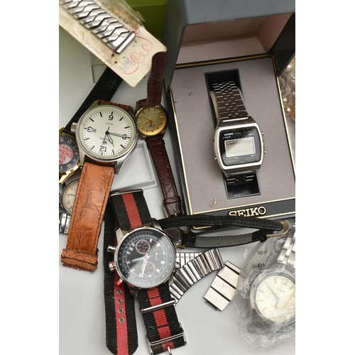 192 - A BOX OF ASSORTED WRISTWATCHES AND COSTUME JEWELLERY, ten wristwatches, names to include Casio, Rota... 