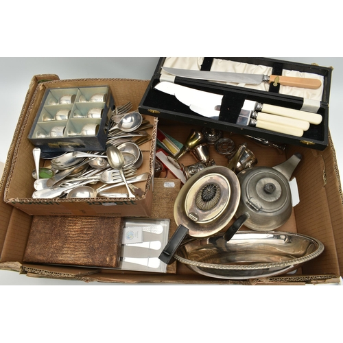 197 - A BOX OF ASSORTED WHITE METAL, to include a cased set of fish eaters, a set of tea knives, two posey... 