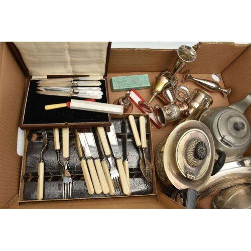 197 - A BOX OF ASSORTED WHITE METAL, to include a cased set of fish eaters, a set of tea knives, two posey... 