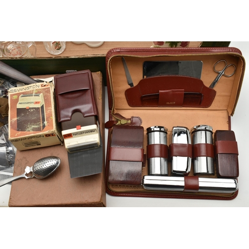 200 - A BOX OF ASSORTED ITEMS, to include a white metal lighter, engine turned pattern with engraved initi... 