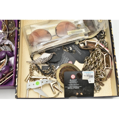 203 - A BOX OF ASSORTED COSTUME JEWELLERY, to include various beaded necklaces, chain necklaces, brooches,... 