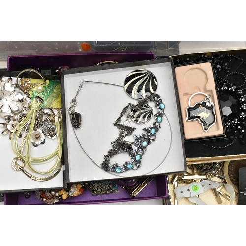 203 - A BOX OF ASSORTED COSTUME JEWELLERY, to include various beaded necklaces, chain necklaces, brooches,... 