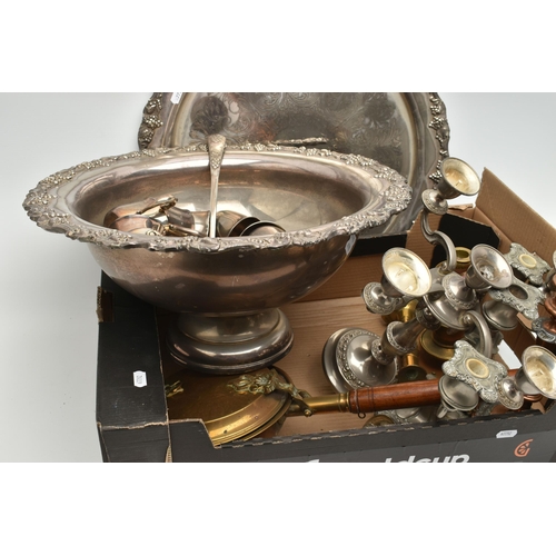 204 - A BOX OF ASSORTED ITEMS, to include a white metal punch bowl with cups, ladle and circular tray, a b... 