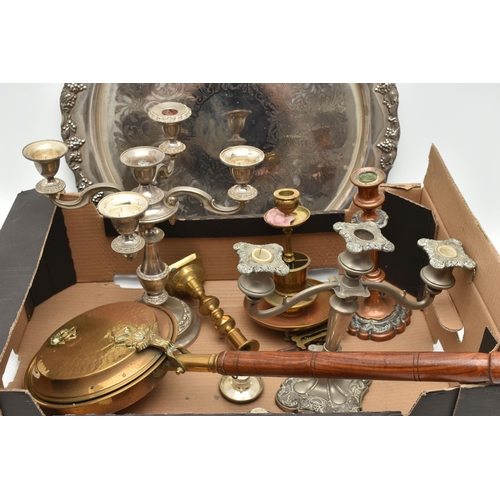 204 - A BOX OF ASSORTED ITEMS, to include a white metal punch bowl with cups, ladle and circular tray, a b... 