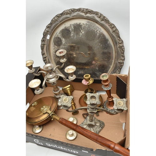 204 - A BOX OF ASSORTED ITEMS, to include a white metal punch bowl with cups, ladle and circular tray, a b... 