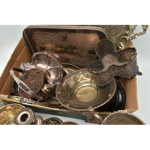 205 - A BOX OF ASSORTED WHITE METAL WARE, to include two large trays, two pierced bottle stands, entree di... 