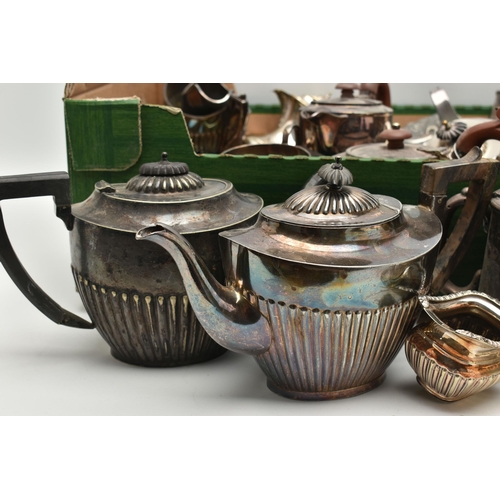 206 - A BOX OF ASSORTED WHITE METAL WARE, to include an EPBM four piece tea set comprising of teapot, coff... 