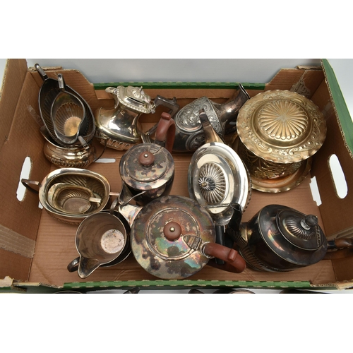 206 - A BOX OF ASSORTED WHITE METAL WARE, to include an EPBM four piece tea set comprising of teapot, coff... 