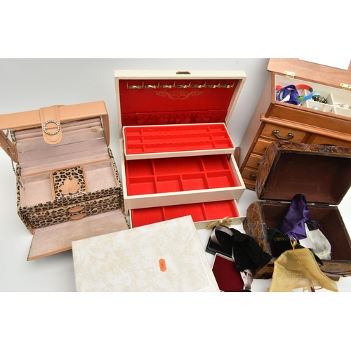 208 - JEWELLERY BOXES, to include a multi storage wooden jewellery box with four draws and a necklace draw... 