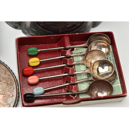 209 - A SELECTION OF MAINLY SILVER PLATED WARE AND A PAIR OF JAEGER GLASSES IN A PAUL SMITH BOX, to includ... 
