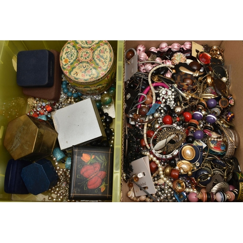 211 - A LARGE ASSORTMENT OF COSTUME JEWELLERY, to include a multi storage jewellery box, tins and boxes of... 