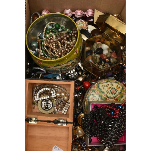 211 - A LARGE ASSORTMENT OF COSTUME JEWELLERY, to include a multi storage jewellery box, tins and boxes of... 