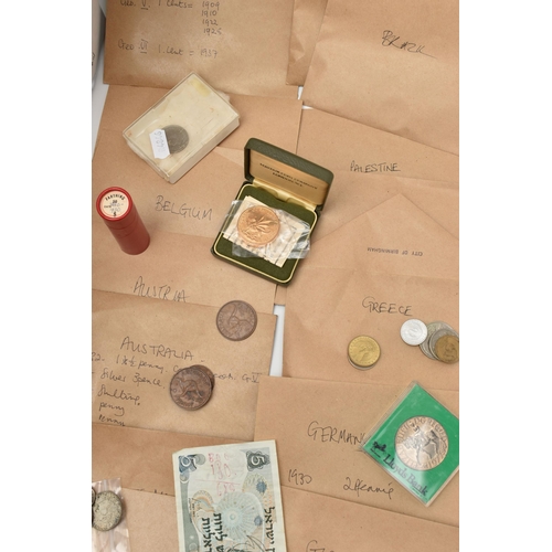 216 - A CARDBOARD BOX CONTAINING MIXED COINS MEDALS AND BANKNOTES, to include a Charles II Shilling 1668 F... 