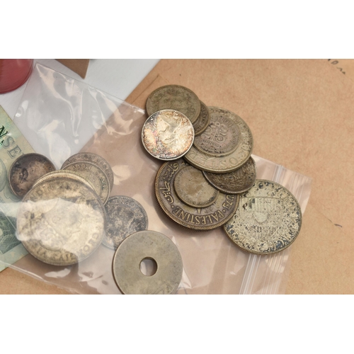 216 - A CARDBOARD BOX CONTAINING MIXED COINS MEDALS AND BANKNOTES, to include a Charles II Shilling 1668 F... 