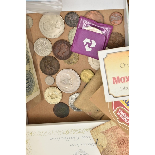 219 - A CARDBOARD BOX OF MIXED COINS, to include a bag of mixed silver content coins approximately 750 gra... 